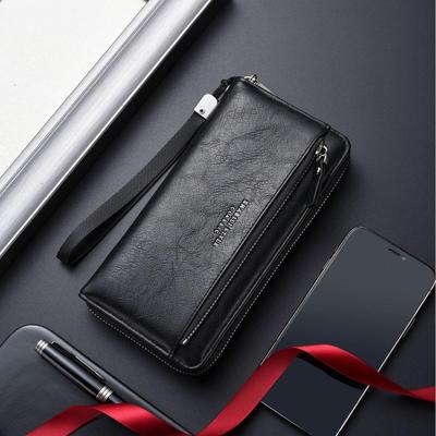 Men's Soft Leather Long Wallet with Card Slot and Zipper
