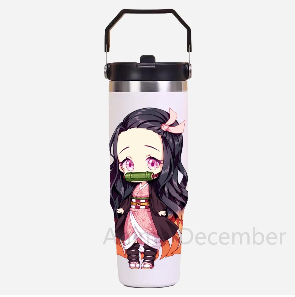 30oz Anime Portable Car Cup Stainless Steel Thermos Cup with Straw Travel Sport Water Bottle Handle Cover Coffee Vacuum Flask