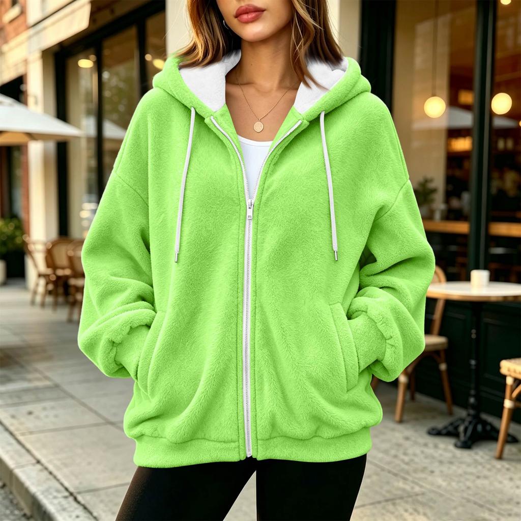 Sweat à capuche zippé pour femme, manches longues, coupe ample, veste décontractée de couleur