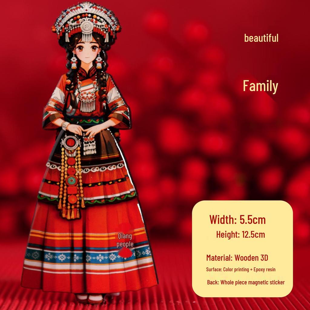Chinese Ethnic Figures Wooden Magnets - Cultural Souvenir Stickers
