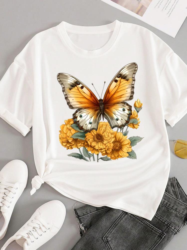 (Asian Size) sweet flower feather Short Sleeve T-shirts Women's Top T Female Print  Fashion O-neck Casual Clothing  Graphic Tee