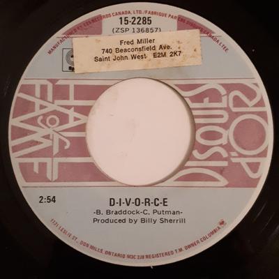 7inch Record TAMMY WYNETTE  DIVORCE  Singing My Song 152285 Epic Canada Folk Used