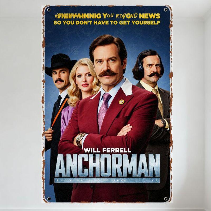 

Vintage Anchorman The Legend of Ron Burgundy Metal Tin Sign Will Ferrell Comedy Movie Poster for Home Bar Cafe Man Cave Decor 20x30cm（7.8x11.8inch）