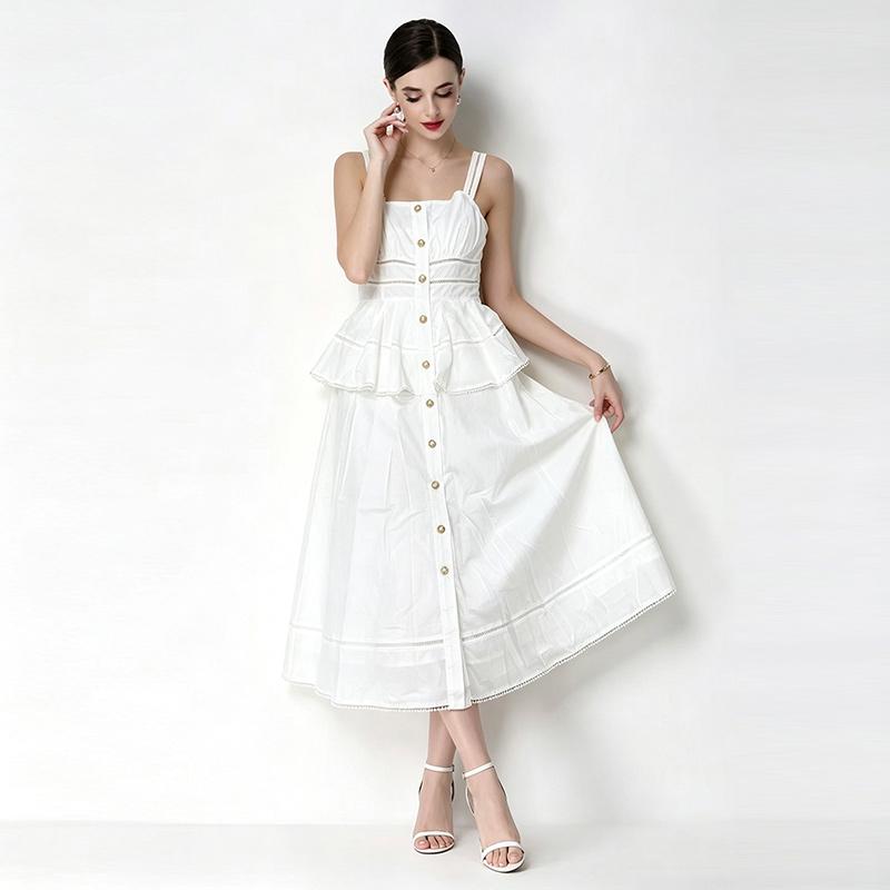 Summer White Sleeveless Spaghetti Strap Dress Women Vintage Button Down Ruffle A-Line Midi Dress Elegant Casual Beach Dress