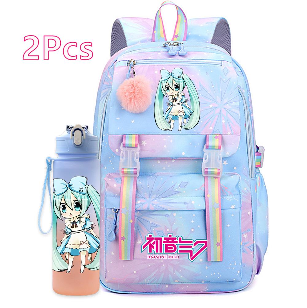 2 st/set Söt Hatsune Miku-tryckt Ryggsäck med 750 ml Vattenflaska för Tonårsflicka Pojke Skolväska Stor Kapacitet Vattentät Resväska Gåva