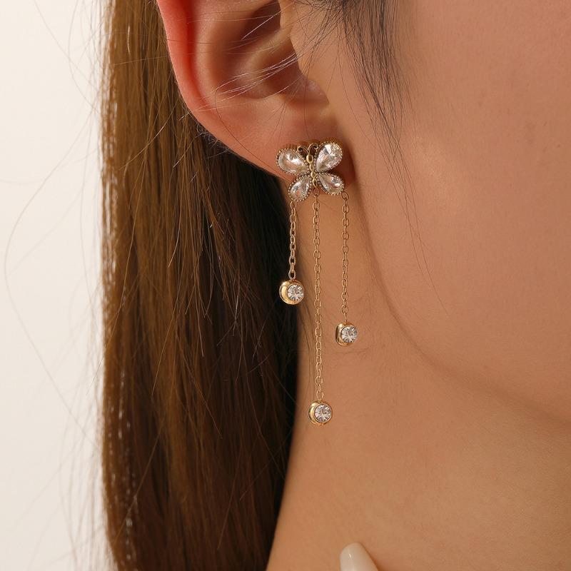 Gold Plated Stainless Steel Butterfly Earrings with Tassel & Clear CZ Drops for Women