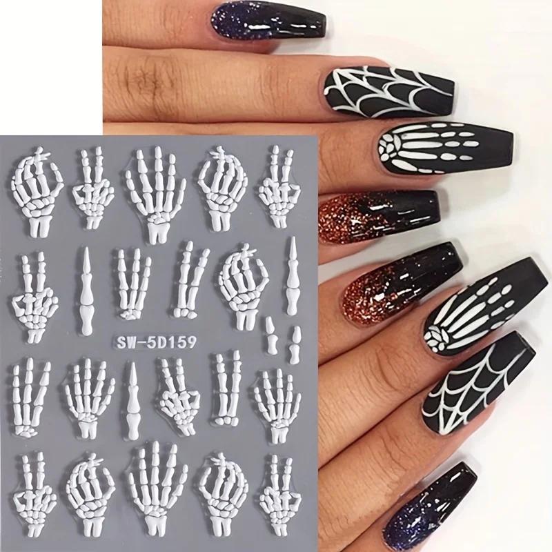Halloween 5D Embossed Skull Hand Nail Art Stickers - Self-Adhesive, Sparkle Finish, DIY Manicure Decals for Festive Nail Designs