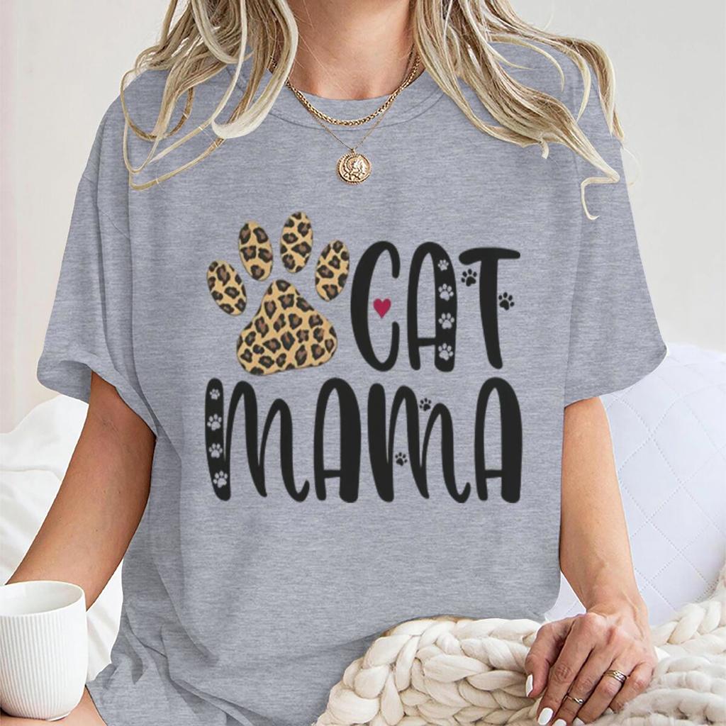 Cat Mama Vintage Cat Paw Printed T Shirts Women Casual Short Sleeve Tshirts Round Neck Tees For Animal Lover Gifts Female Tops
