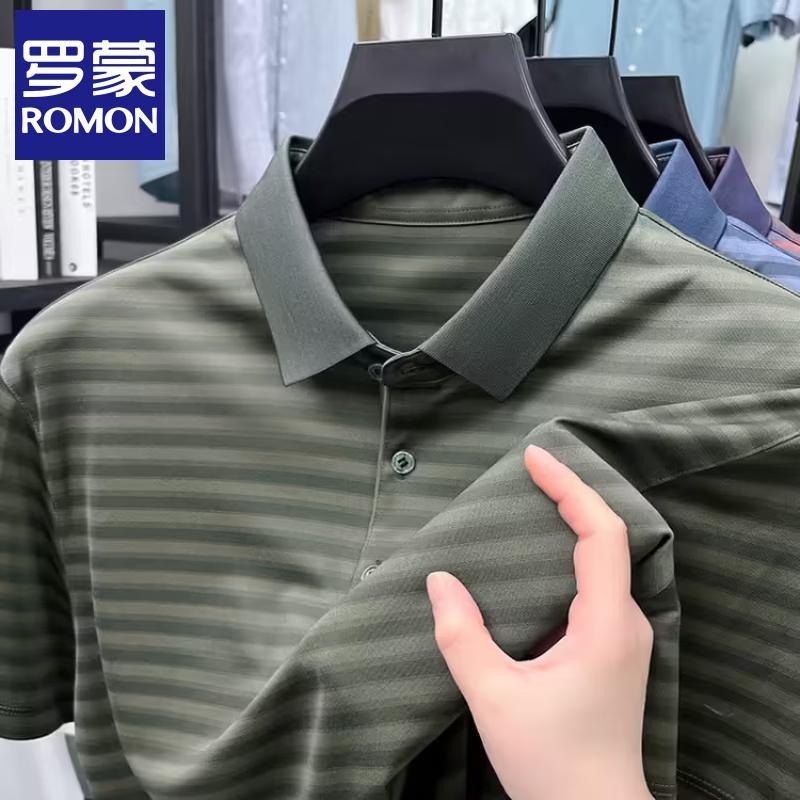 ROMON Men's Cooling Mulberry Silk Blend Striped Polo Shirt