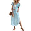 Women's Long Skirt Casual V-neck Long Shirt Dress Loose Slit Holiday Short Sleeve Dress