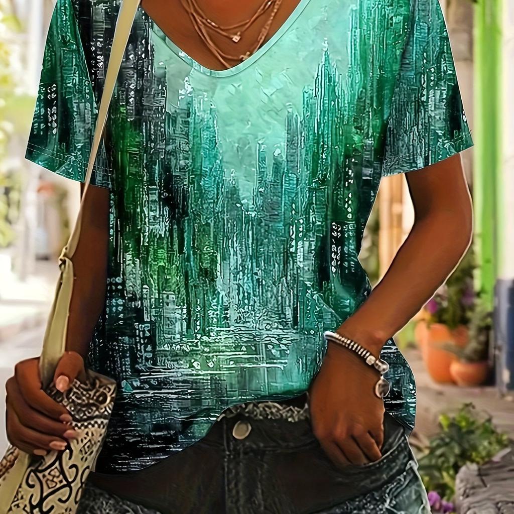 Women's T-Shirt Oversized Retro Printed Short-Sleeved V-Neck Fashion Casual Top Street Breathable Summer Women's Clothing