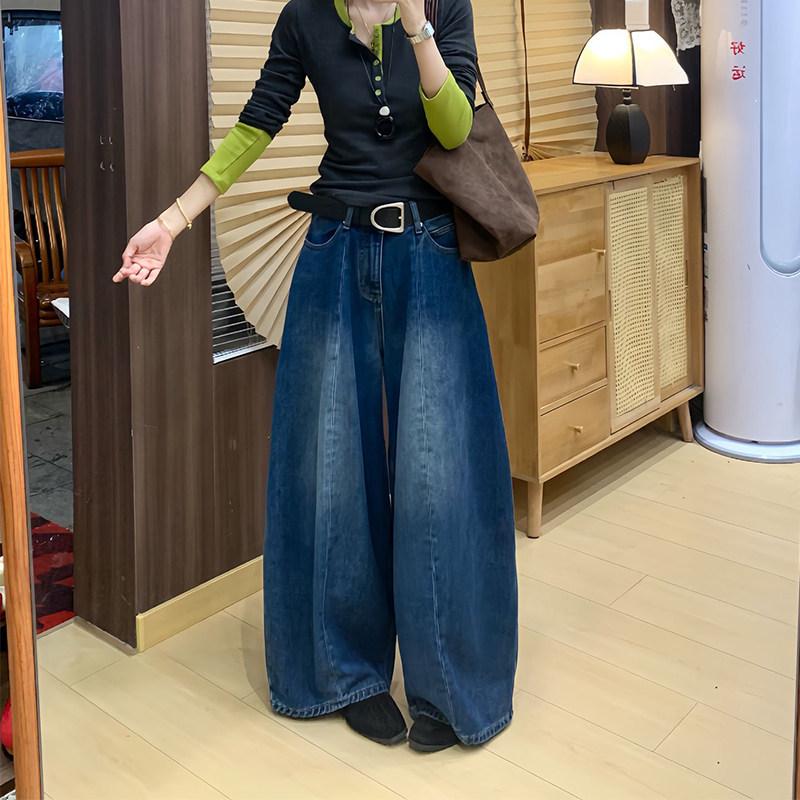 Kadın Retro Yüksek Bel Geniş Paça Kot Pantolon - İlkbahar/Sonbahar Büyük Beden, İnce Gösteren Balon Pantolon