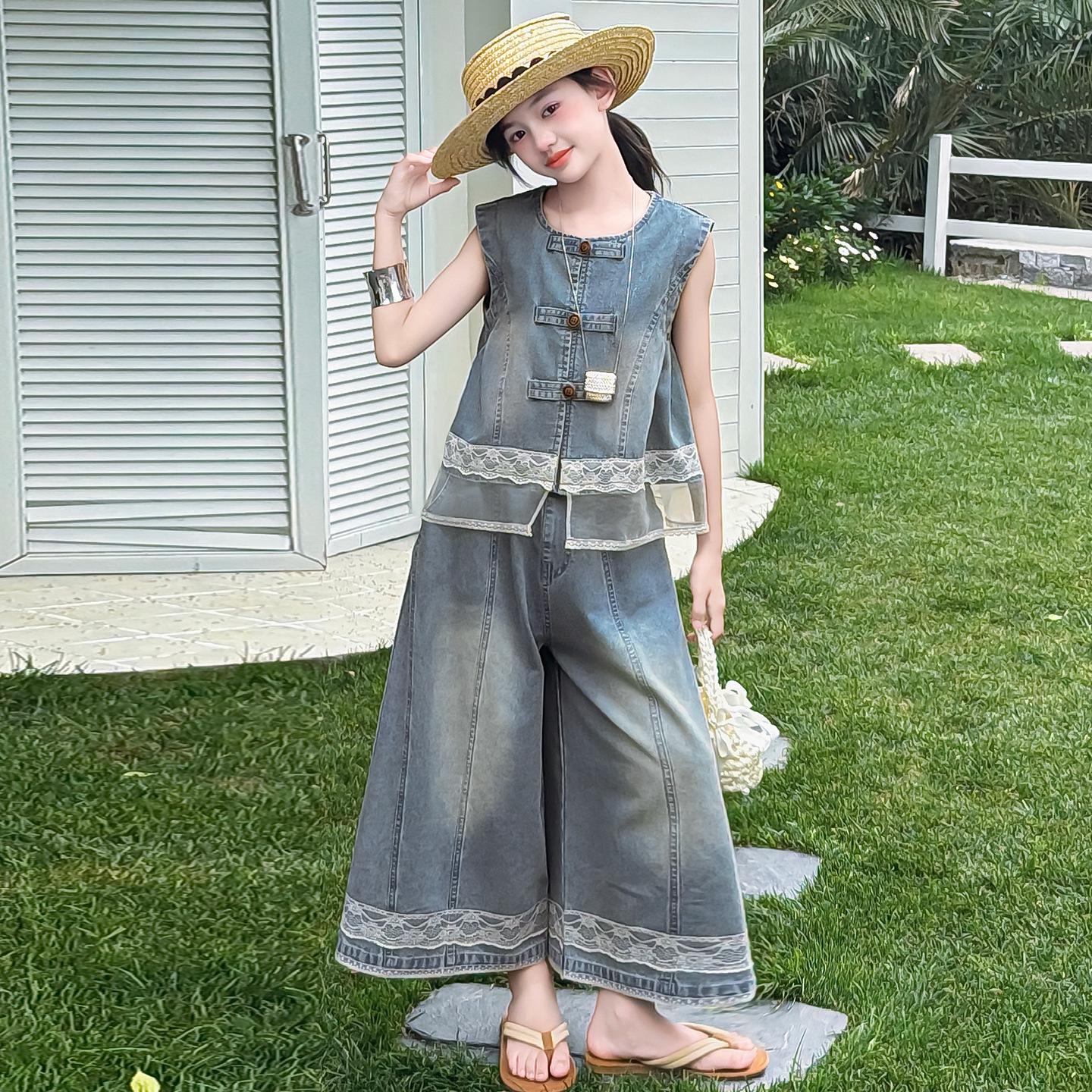 Girls Summer Denim Set: Chinese Style Sleeveless Lace Trim Vest & Wide-Leg Pants 150 cm