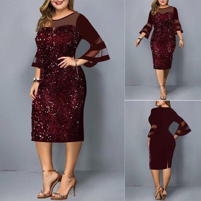 Petticoats für Damen, Übergröße, formelles Kleid mit Pailletten, Netzgarn, Übergröße, ausgestellte Ärmel, figurbetontes Kleid für Hochzeiten