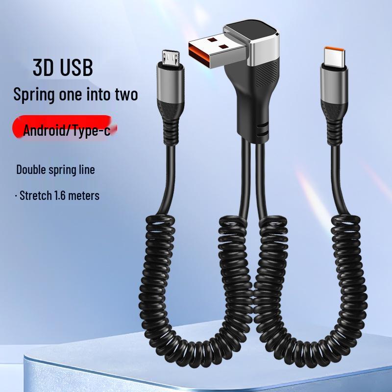 66W Retractable Elbow Splitter Data Cable for Apple, Huawei, Type-C, Fast Car Charging