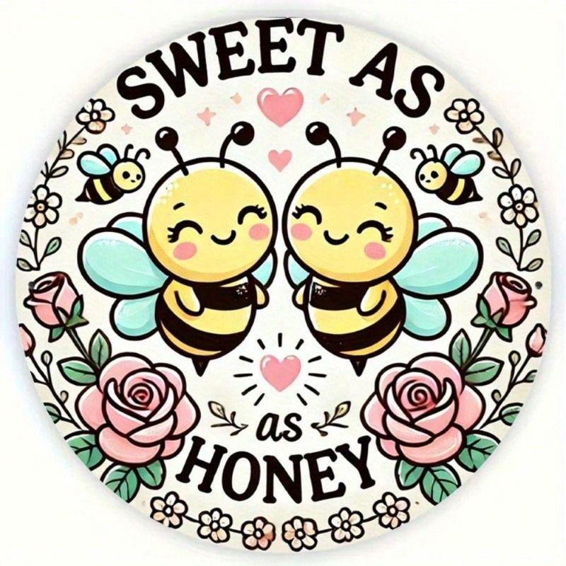 

Metal Wall Art Poster Sweet As Honey with Bees and Roses for Kitchen Decor