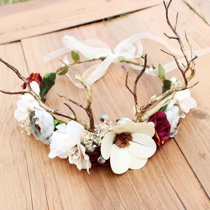 Retro Forest Branch Antlers Rose Gypsophila Dry Flower Garland Exaggerated Prom Catwalk Dress Event Accessories