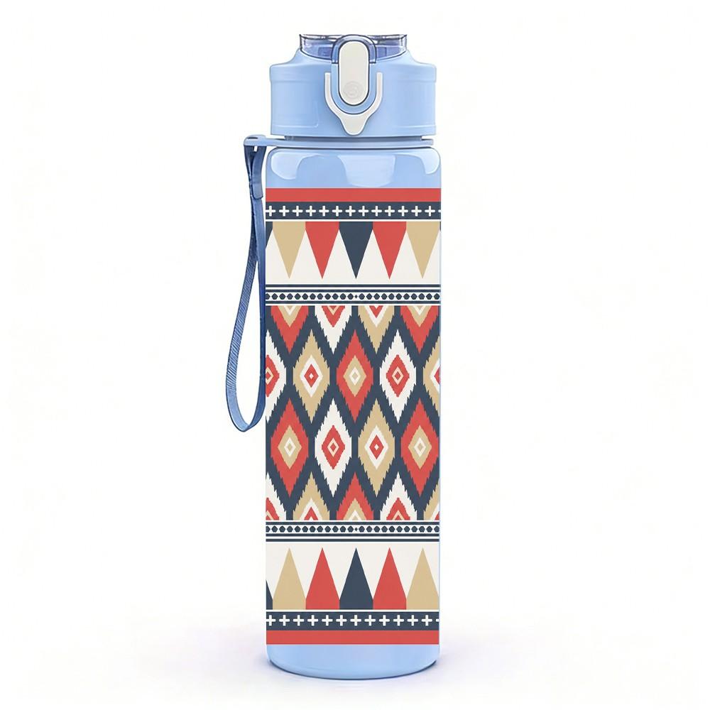 1PC Red Woven Tribal Pattern 750ml Sports Water Bottle Leakproof Straw Lid Outdoor Office Home