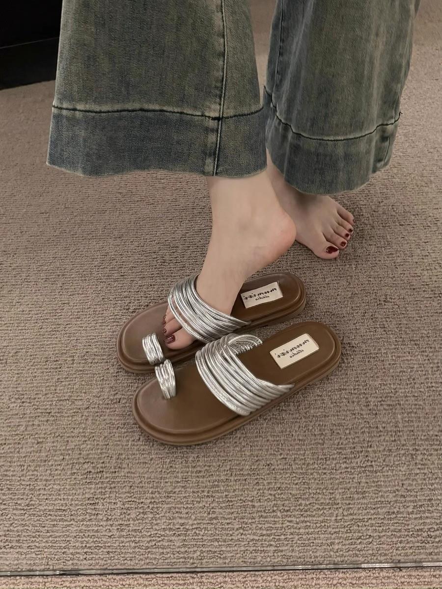 Niche Design Toe Cover Seaside Cool Slippers Women S Summer Wear With Skirt Flat Roman Sandals 35 серебряный