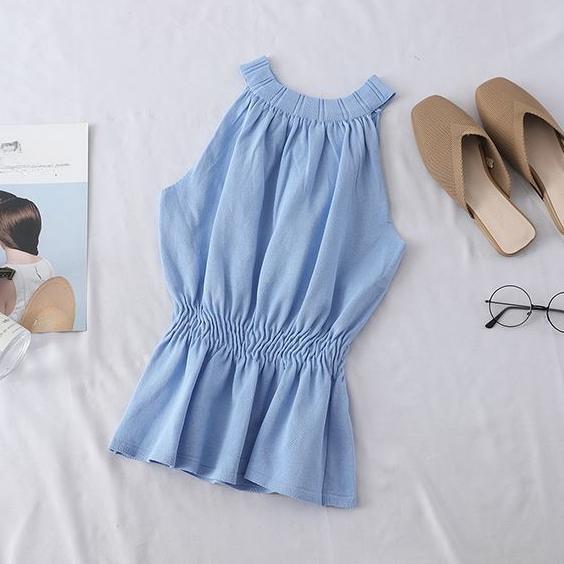 Vintage Sleeveless Tank Top Women's Summer Waist-Defining Design Camisole Halter Neckline Basic Tube Top Off-Shoulder Outerwear