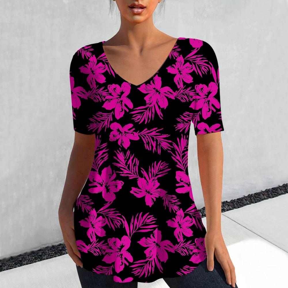 Fashion Floral Print 3D Printed Women's Casual V-neck Short Sleeved T-shirt