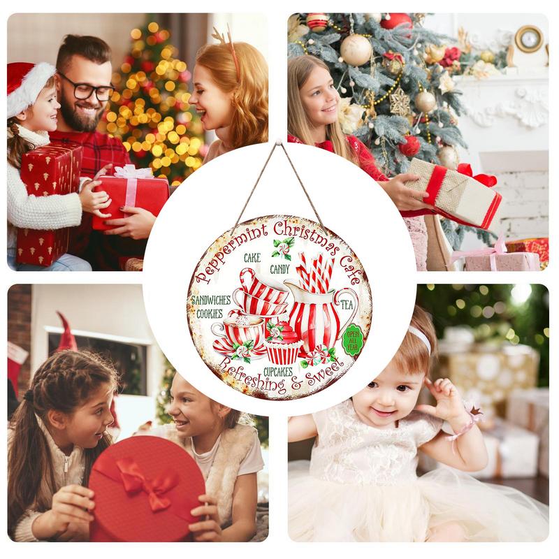 New Year Christmas Wood Sign Yard Art Merry Christmas Cafes Retro Doorplate Pendant Round Candy Cake Teacup Pattern Sign