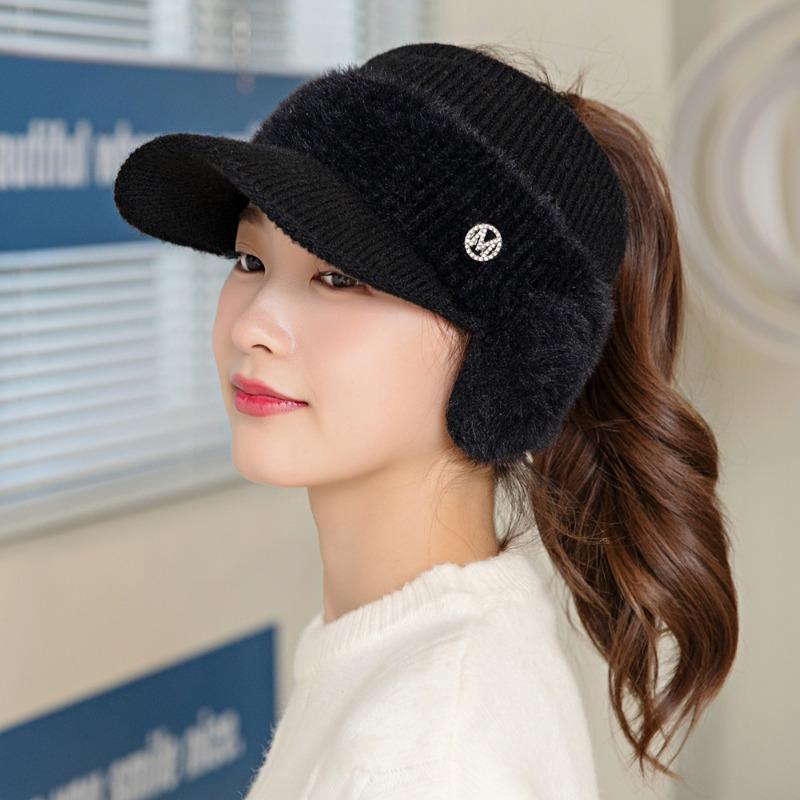 New Women Winter Hat Streetwear Faux Fur Warm Ponytail Cap Fashion Decorate Beanie Hat For Female Casual Earflap Knitted Hat