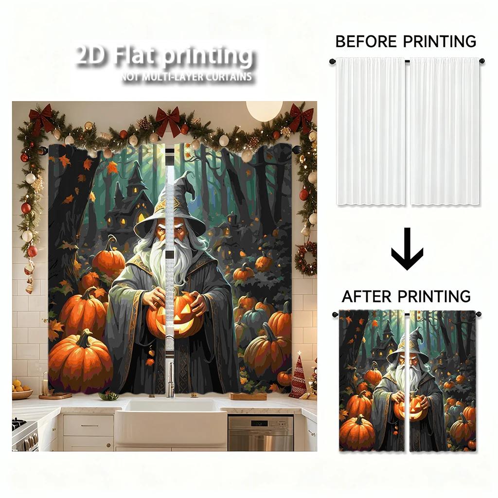Piece Set High Definition Digital Printed Curtainshalloween Wizard Darkgreen Orange Pumpkin Theme Style Curtainhome Decorat Curtain Polyester