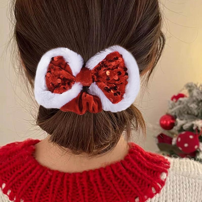 Christmas Scrunchies Velvets Bows Festive Hair Accessories Sparkling Sequins Hair Ties Rabbit Ears Shapes Hairbands