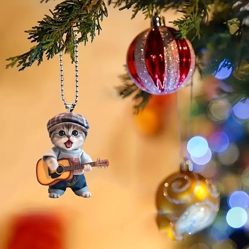 Charming Acrylic Flat 2D Guitar Cat Car Mirror Ornament - Home and Vehicle Decoration School Bag Pendant