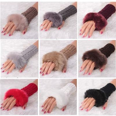 Hot Women Faux Rabbit Fur Hand Wrist Winter Warmer Fingerless Long Mitten Gloves