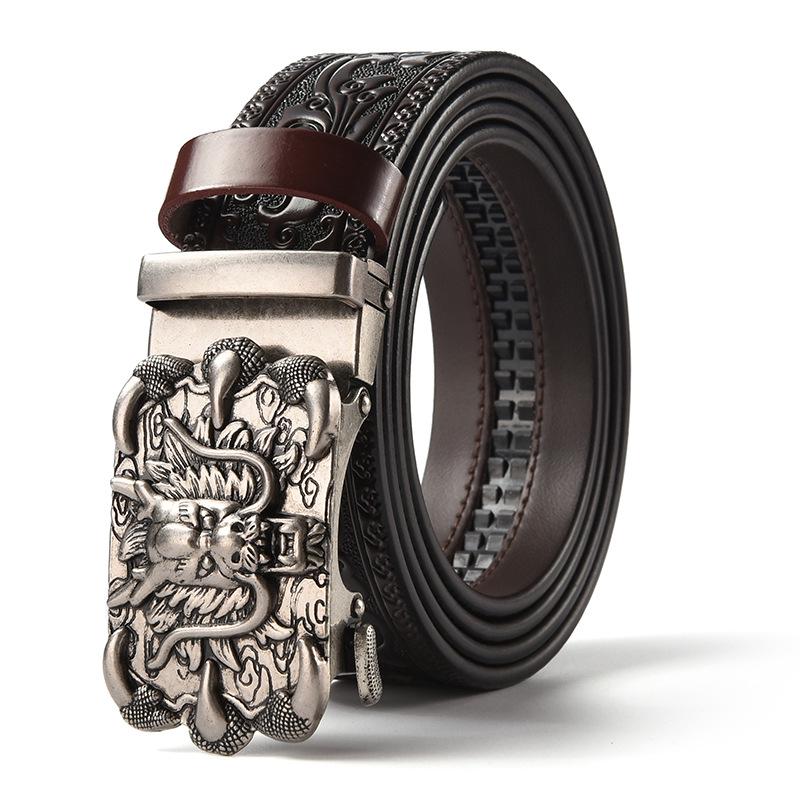Men's Retro Dragon Head Genuine Leather Belt with Carved Embossed Design