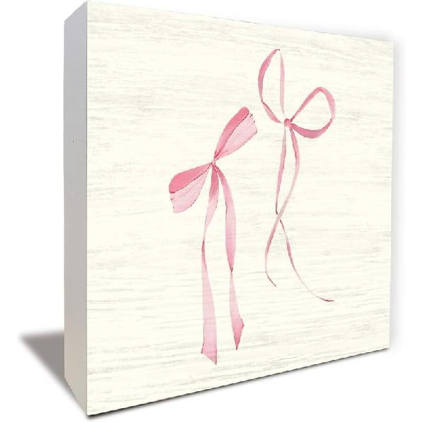Pink Bow Coquette Wooden Box Sign, Coquette Room Decor, Dorm Room Essentials for Girls, Girly Ribbon Bow for Girls Room Dorm College Bedroom Desk