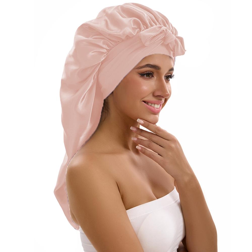 1/2/3pcs Satin Sleep Caps with Ribbon Tie - Black & Pink Polyester Night Hats for Long Hair Casual and Stylish Design