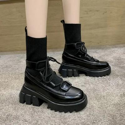 Verkoop Zwarte Sleehakken Platform Soklaars Vrouw Mode Veters Hoge Hakken Schoenen Elastisch Breisel Chunky Enkellaarsjes voor Dames