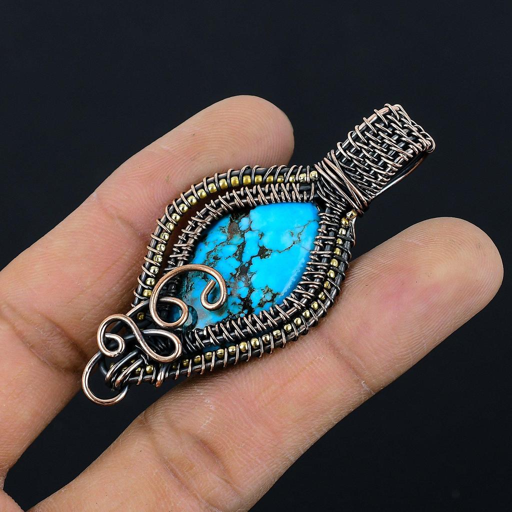 Wisiorek z turkusu tybetańskiego, biżuteria z kamieni szlachetnych owinięta drutem miedzianym próby 999, ręcznie robiony wisiorek, na Święto Dziękczynienia