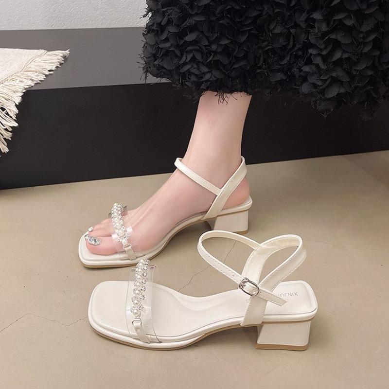 Summer New Women's High Heel Sandals French Style Fairy Wind Beach Shoes Trendy One-Strap Roman Style Beach Sandals