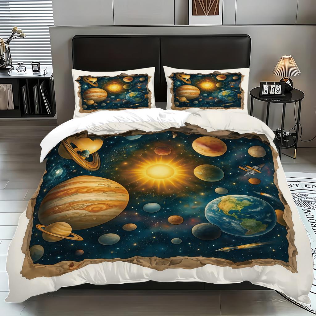 3D Universe Planet Three-Piece Planet Quilt Cover Abraded Cloth Pillowcase Bedding
