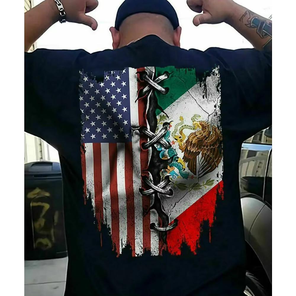 Backside Mixed Mexican American Flag T-Shirt 100% Cotton O-Neck Summer Short Sleeve Casual Mens T-shirt Size S-3XL