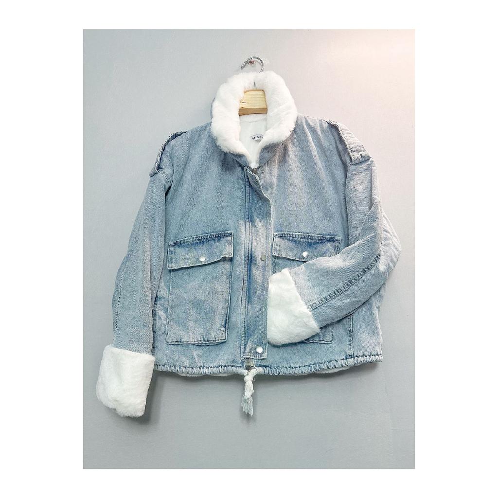 Women's White Fur Denim Jeans Jacket Coat