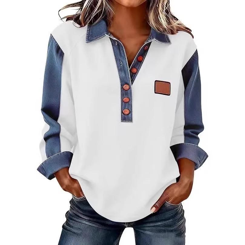 2026 new European and American style 3D printing color matching denim knitted sweater women's loose long-sleeved lapel pullover cross-border explosion