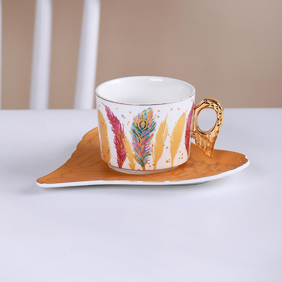 Personality European Lovely Feather Pattern Style Coffee Mugs Ceramic Home Office Milk Water Tea Cup + Saucer Plate Dish Set
