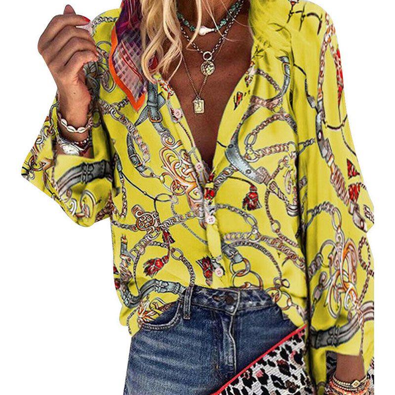 Stylish Ladies Casual Chain Print Long Sleeve Blouse For Office Wear