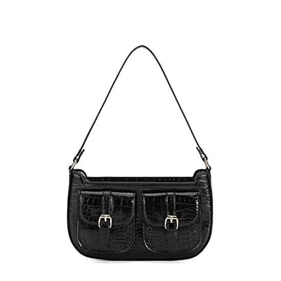 

[D-mmsu] Crocodile Embossed Handbag, Shoulder Bag, Compact, Crossbody Pouch, Women s, Stylish Party Bag, Vegan Leather, Black, 3-Way Bag