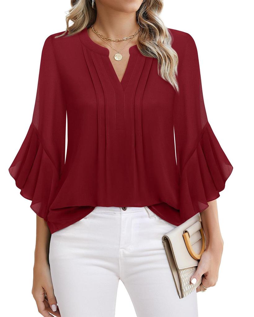 Women's Three Quarter Sleeve Blouse V Neck Business Casual Solid Color Chiffon Shirt Ruffle Hem Loose Fit Office Daily Wear Top