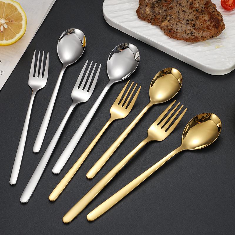 2Pcs Stainless Steel Golden Silver Fork Spoon Fork Spoon Heat-Insulated Long Handle Stirring Dessert Spoons Kitchen Gadgets