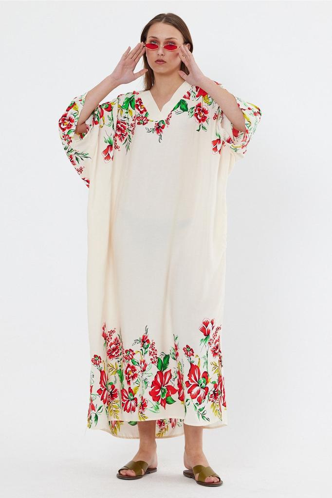 Damen Übergröße Kleid V-Ausschnitt Plus Size Gemustert Lang Halbarm Viskosekleid