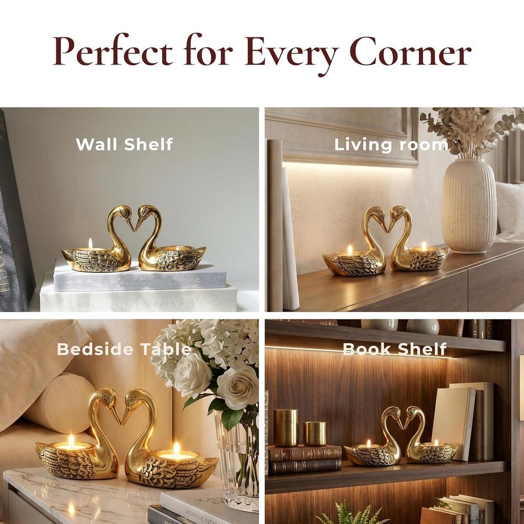 Aluminium Pair of Swans Tea Light Candle Holder with 2 T-Light Candles for Home Décor Living Room | Decorative Romantic Swan Couple Showpiece