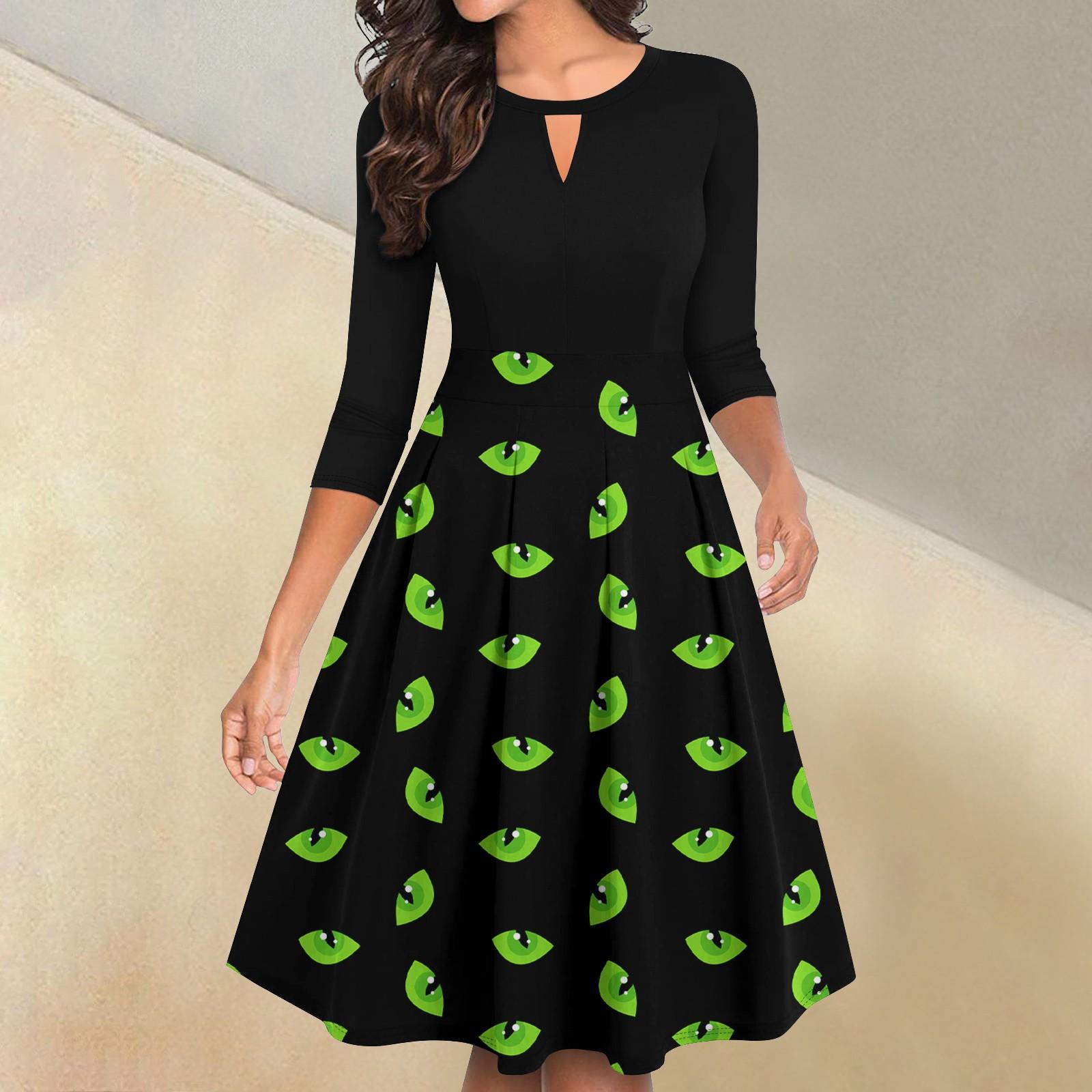 

Женские винтажные платья на Хэллоуин с принтом, расклешенные, с рукавами 3/4, повседневные, с разрезом, свободные, для вечеринок L зелёный