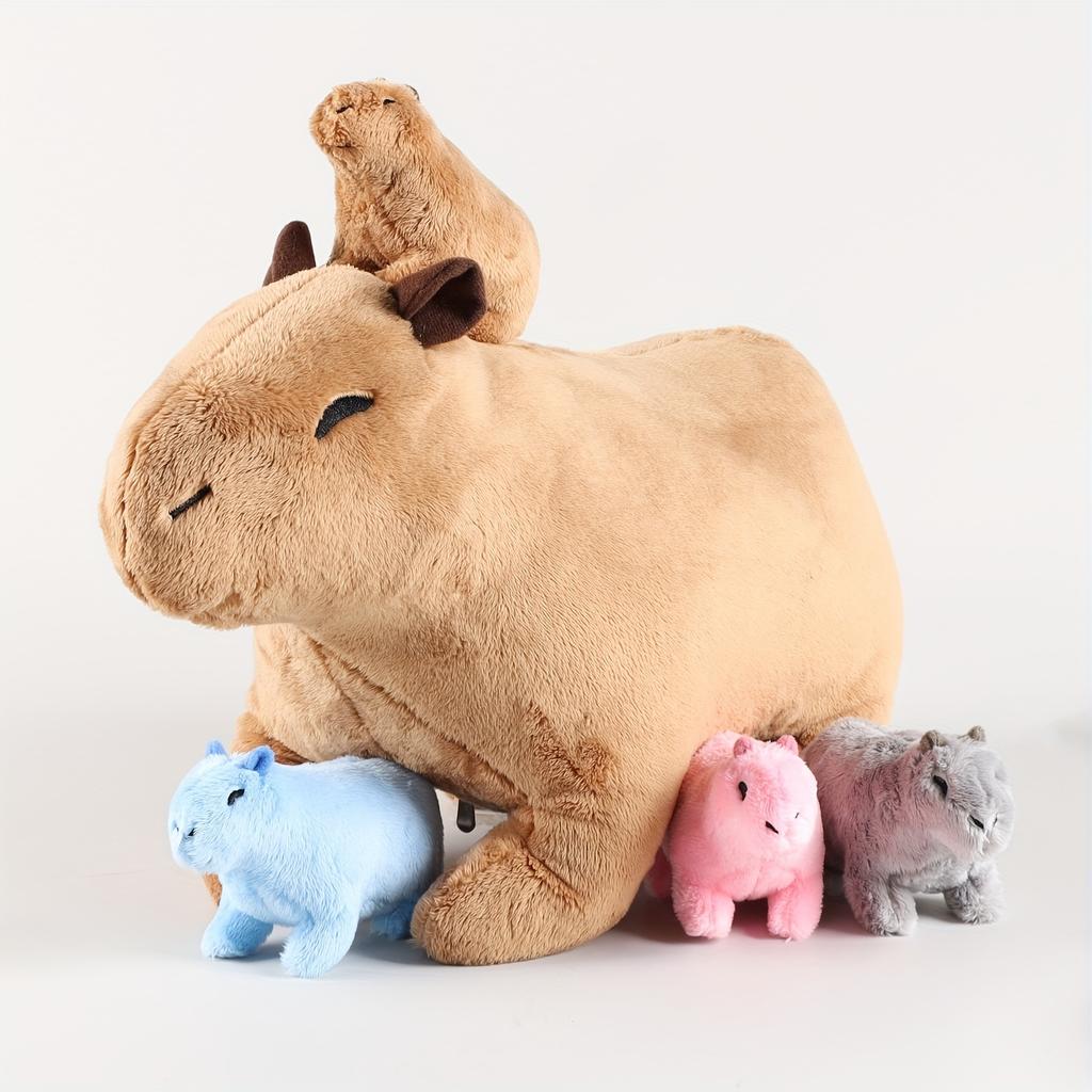 Kawaii Simulation Capybara Stuffed Animal-13.38'' Mommy Stuffed Capybara with 4 Baby Stuffed Animals Inside Zipper Tummy